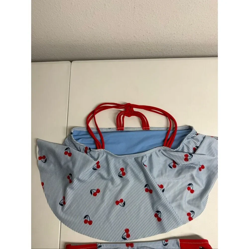 Tommy Hilfiger Girls Cherry Stripe Ruffle Bikini Swimsuit XL 16 UV Protection